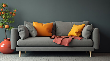 Interior with gray sofa and bright pillows