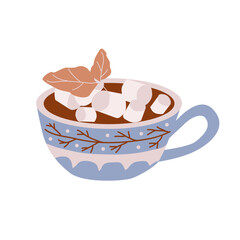 Hot chocolate with marshmallows in a cup. Hot winter drink on a white background. Vector illustration of sweet cocoa in cartoon style