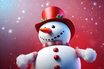 Obraz premium Cute funny snowman with scarf and hat on red background. Generative AI