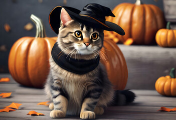 A cat in a witch's hat on a background of pumpkins
