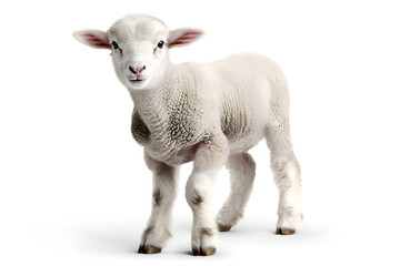 Young lamb is baby of sheep is domestic animal cutout on white background close up