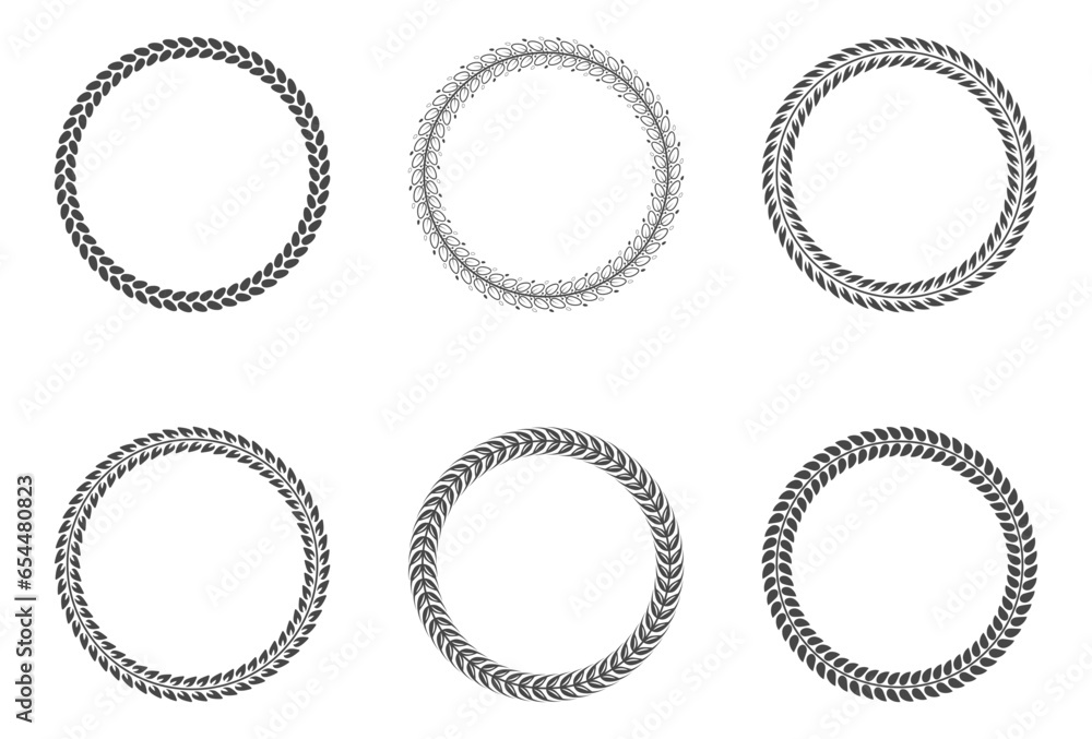 Poster set of round black and white frames from laurel branches with foliage. vector illustration