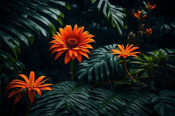 Fototapeta na wymiar orange colour flower on dark tropical foliage nature background