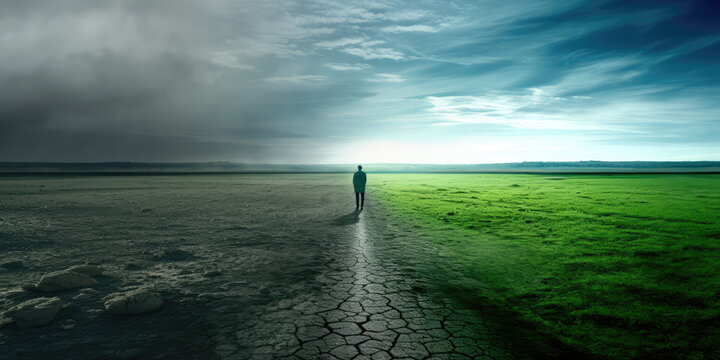 Climate change concept. contrast of green to dry and barren. verdant versus dry and barren vast landscape. 