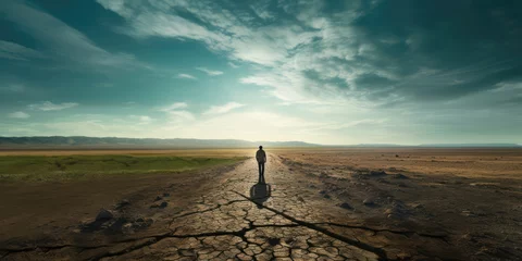 Fotobehang Climate change concept. silhouette of a man walking a dry cracked path.  © ana