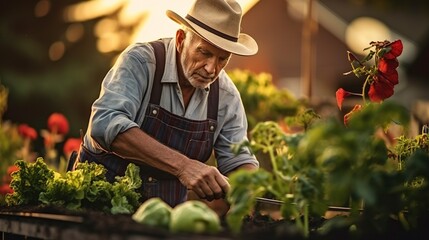 Senior man in hat picking tomatoes in his summer garden. Small agricultural farm.Generative AI - obrazy, fototapety, plakaty