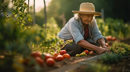 The pretty older woman in a hat picking tomatoes in her summer garden. Small agricultural farm.Generative AI - obrazy, fototapety, plakaty