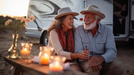 utdoors at sunset and bonding with true emotions. Carefree cheerful retired couple, enjoying wellness. - obrazy, fototapety, plakaty