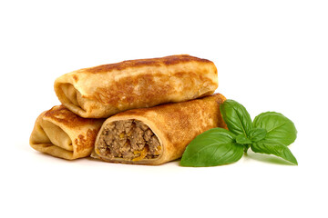Savory pancake rolls stuffed with ground meat, isolated on white background. High resolution image.