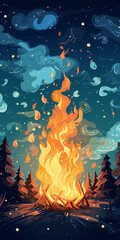 Campfire in the forest in the night. Vector illustration of fire in the nature. Traveling illustration. Holiday camp, cartoon style landscape.  - obrazy, fototapety, plakaty