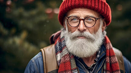 portrait of mountaineer grandfather with beard, hat and glasses.Generative AI