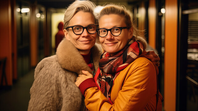 Two women in love lesbians with happy faces embrace each other affectionately.Generative AI