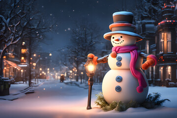 Cute funny snowman with scarf and hat. Generative AI - 654484087