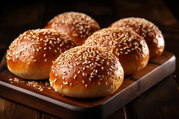 Obraz na płótnie Canvas freshly baked buns with sesame seeds and cinnamon on a wooden background