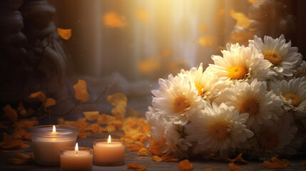 photorealistic,, all saints' day background, sober, candles, soft tones, chrysanthemum, background for all Saints Day or All Souls' Day. Background with copy space.