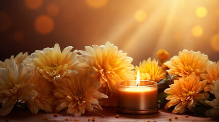 photorealistic,, all saints' day background, sober, candles, soft tones, chrysanthemum, background for all Saints Day or All Souls' Day. Background with copy space.