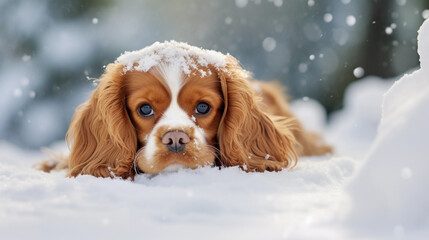 Cute Cavalier King Charles Spaniel Dog lying in the snow 