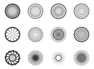 Spiral and swirl motion twisting circles design element set.
