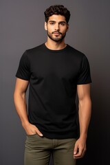 Young man posing in black t-shirt. Mockup for branding