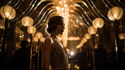 Gatsby - themed wedding, bride in a vintage 1920s dress, art deco venue, black and gold color scheme, extravagant, soft spotlighting