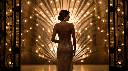 Gatsby - themed wedding, bride in a vintage 1920s dress, art deco venue, black and gold color scheme, extravagant, soft spotlighting