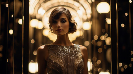 Gatsby - themed wedding, bride in a vintage 1920s dress, art deco venue, black and gold color scheme, extravagant, soft spotlighting