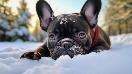 Cute French Bulldog Dog lying in the snow 