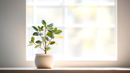 Houseplant ficus elastica in a flower pot in a lighted room. Copy space.