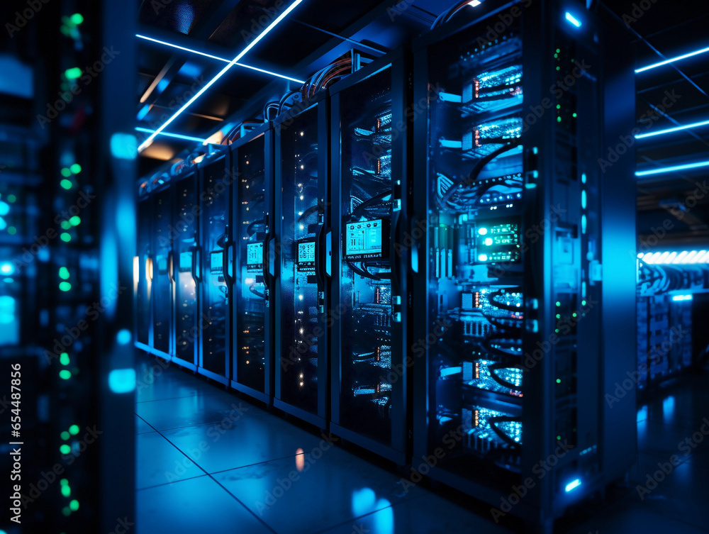 Poster array of interconnected servers in a data center, illuminated by blue led lights, focus on cable man