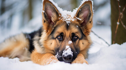 Cute German Shepherd Dog lying in the snow 