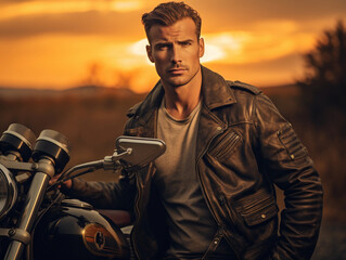 Vintage leather jacket on a male model, classic motorcycle background, aged, textured leather, zippers and belts, sunset lighting
