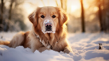 Cute Golden Retriever Dog lying in the snow 