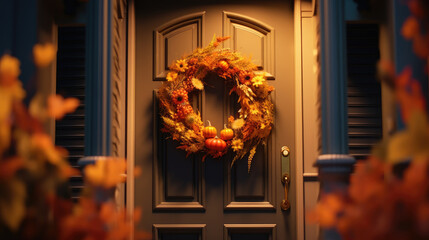 Close-up of an autumn wreath decorated with brown ribbon on the door