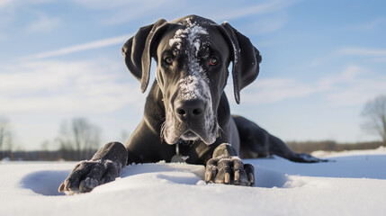 Cute Great Dane Dog lying in the snow 