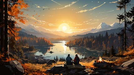 Hiking, relaxing by the fire, warming yourself by the flame. A break from city life, wild nature and camping.
Concept: illustration, graphic drawing hiking tourism - obrazy, fototapety, plakaty