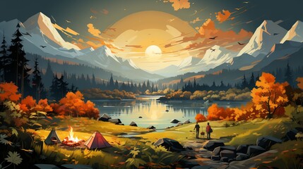 Hiking, relaxing by the fire, warming yourself by the flame. A break from city life, wild nature and camping.
Concept: illustration, graphic drawing hiking tourism - obrazy, fototapety, plakaty