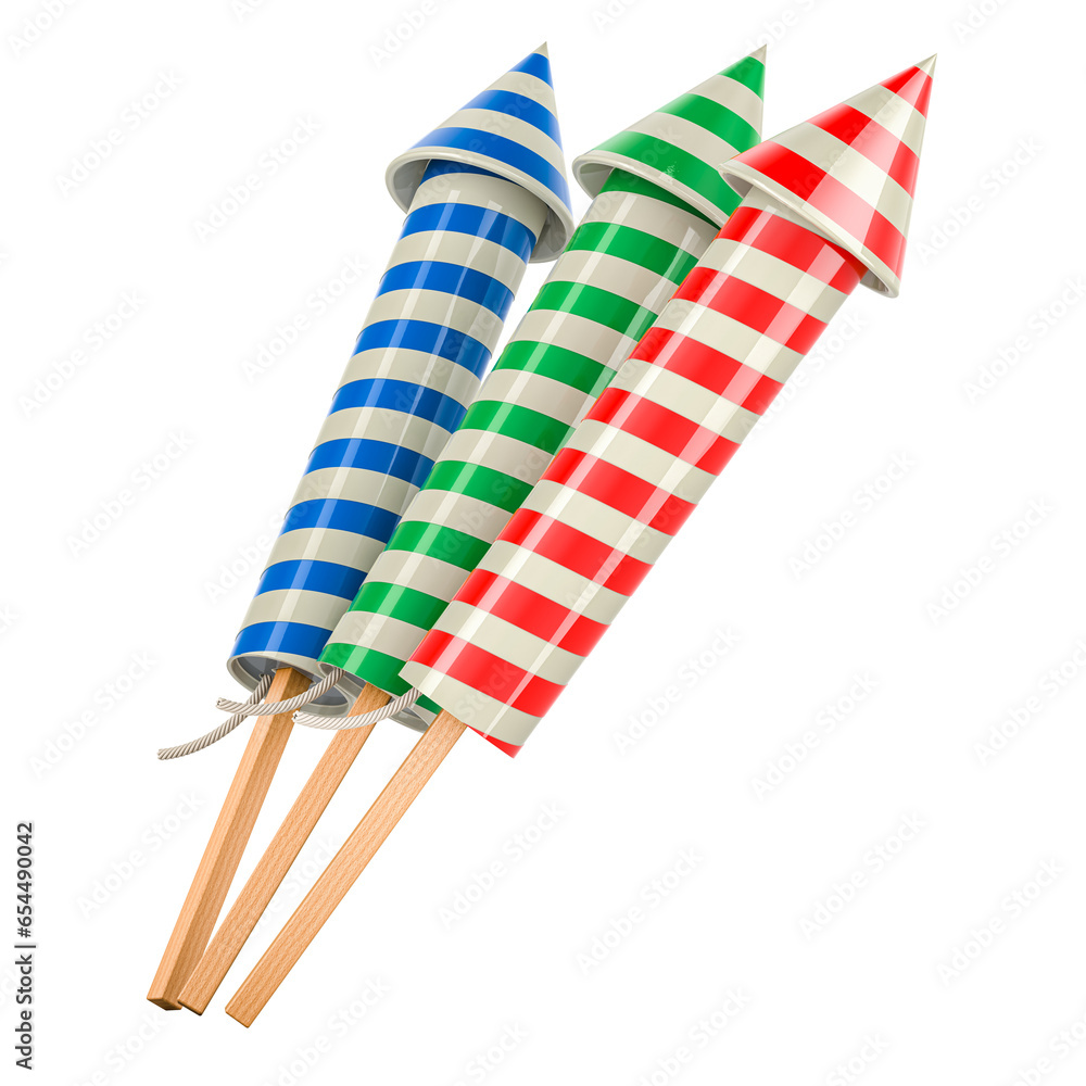 Poster fireworks rockets, 3d rendering isolated on transparent background
