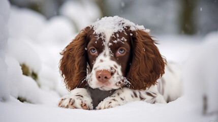 Cute Springer Spaniel Dog lying in the snow 