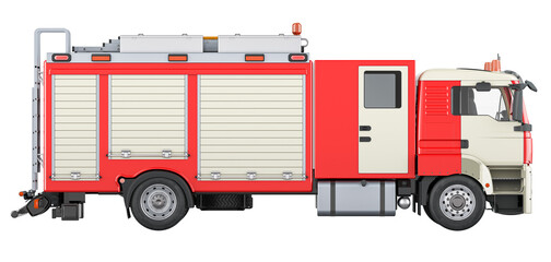 Fire engine truck, side view. 3D rendering isolated on transparent background