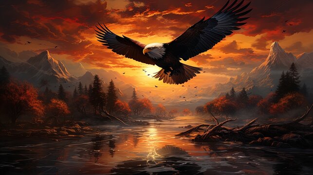 Bald Eagle flying over the sea at sunset. generative ai