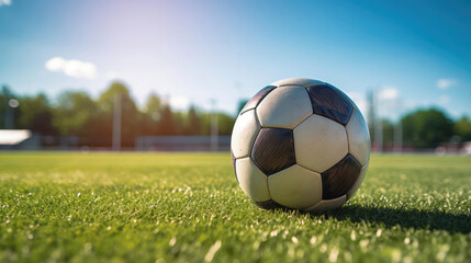 A soccer ball lies on the green grass