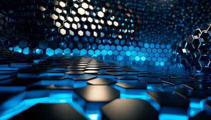 Fototapeta premium abstract texture with hexagons on a black background with neon glow