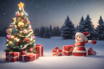 Fototapeta premium Christmas tree with lights and presents. Generative Ai