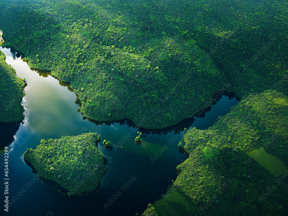 Poster an areal view of a beautiful landscape of a rainforest with a stream - ai generative