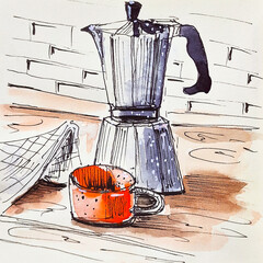  Sketch kitchen in the morning geyser coffee maker and cup of coffee hand drawn illustration