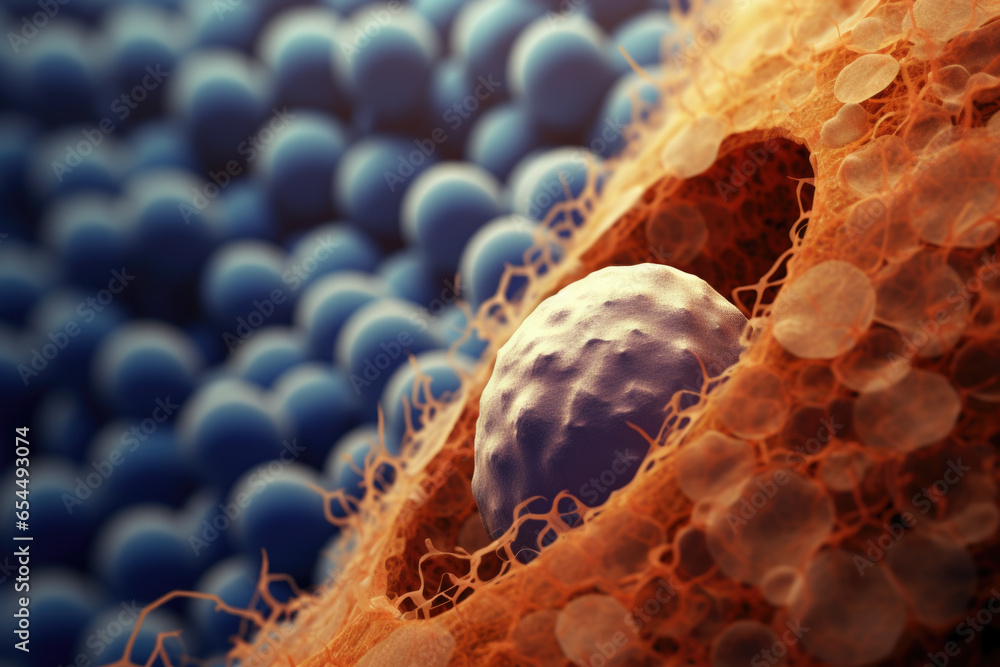 Poster A close-up view of a cell with a blue ball in the middle. This image can be used to depict scientific research, biology, or cellular processes.
