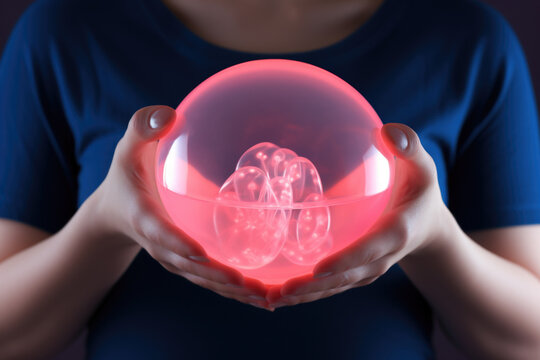 A woman is pictured holding a glowing heart in her hands. This image can be used to convey love, affection, romance, or Valentine's Day themes.