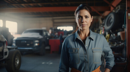 Empowering Expertise: Confident Mexican Female Mechanic Stands with Authority in an Auto Repair Shop.. - obrazy, fototapety, plakaty