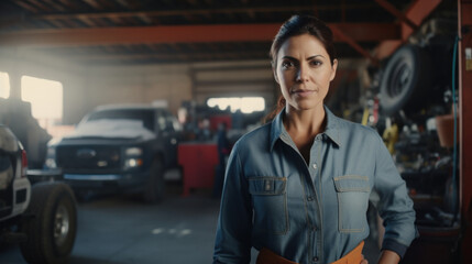 Empowering Expertise: Confident Mexican Female Mechanic Stands with Authority in an Auto Repair Shop..