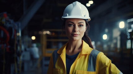 Female Engineer in Yellow Uniform and Hard Hat Ensuring Factory Maintenance and Safety.